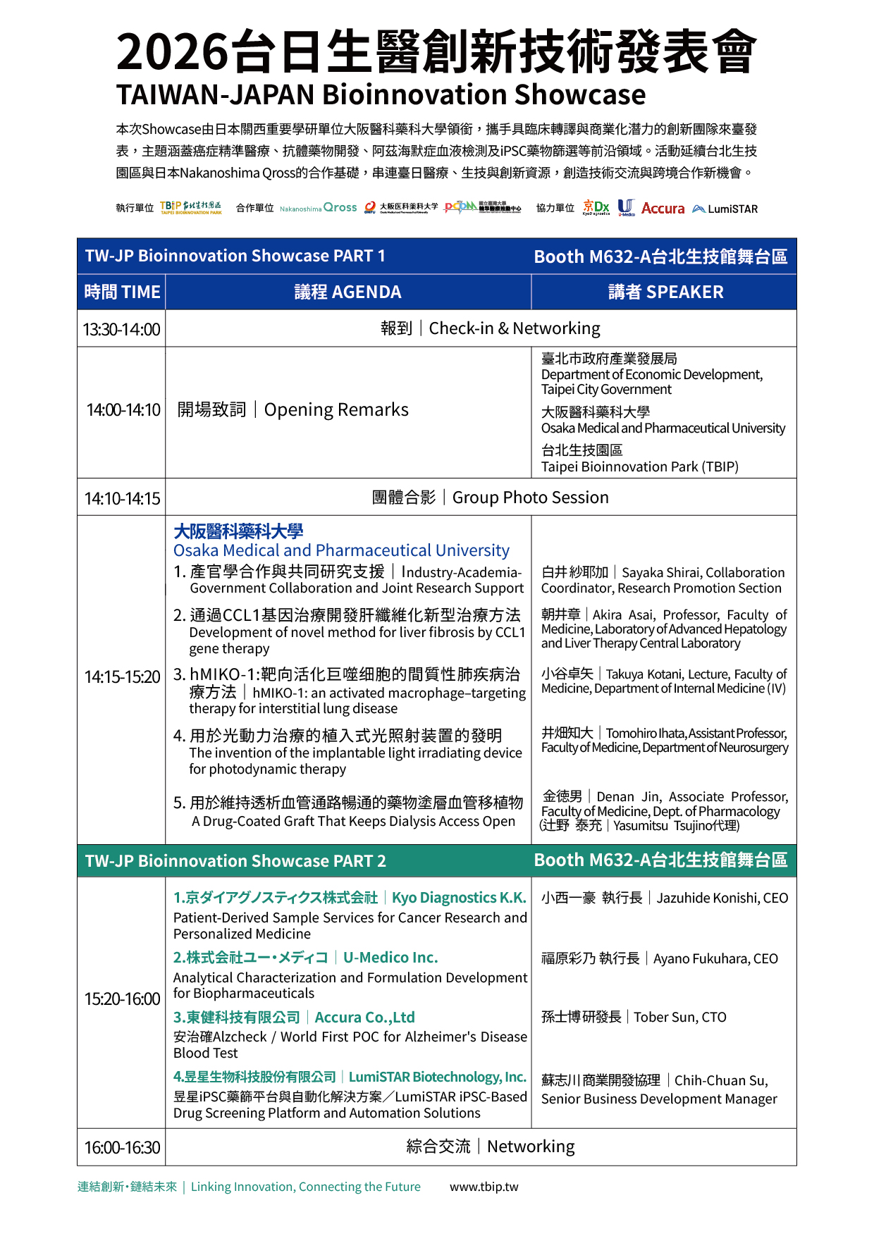 議程【7/17 亞洲生技大展｜2026 台日生醫創新技術發表會】TAIWAN-JAPAN Bioinnovation Showcase